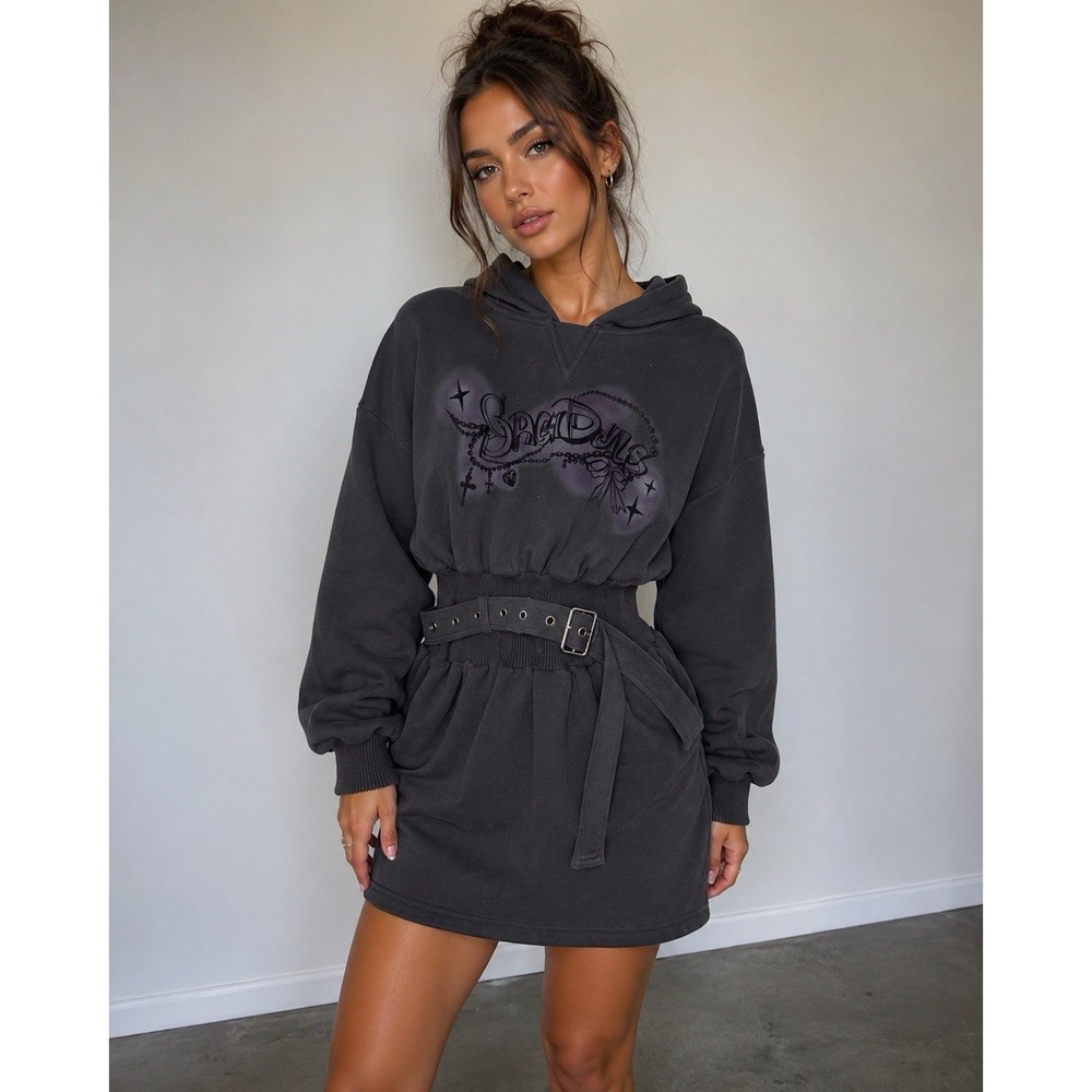 Sagi Dolls Women's M Grunge Gothic Hoodie Mini Dress Belted Gray Y2K Streetwear